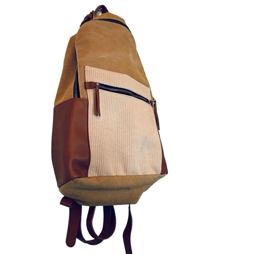 Madison West Colorblock Ribbed Trim Canvas & Vegan Leather Backpack Brown OS